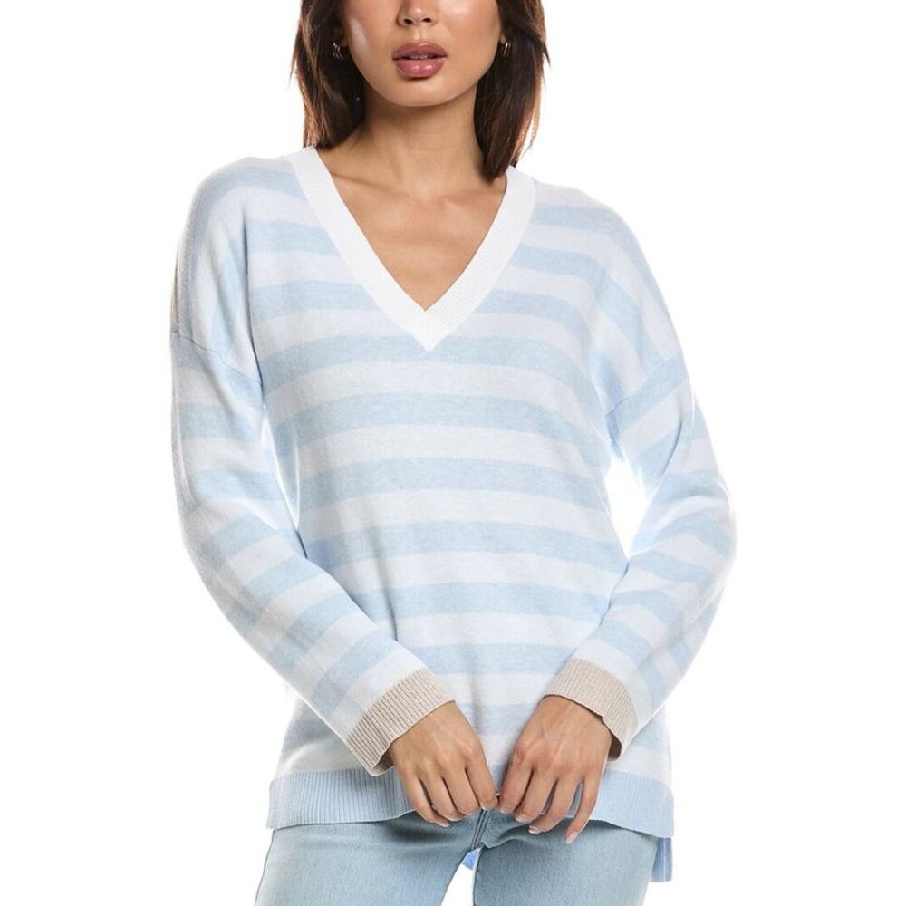 Forte Cashmere Womens  High-Low Stripe Cashmere-Blend Sweater, Blue